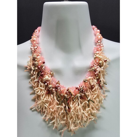 Crafted Gemstone Coral inspired Beaded Waterfall Pink Cream Necklace Earring Set - Picture 2 of 13
